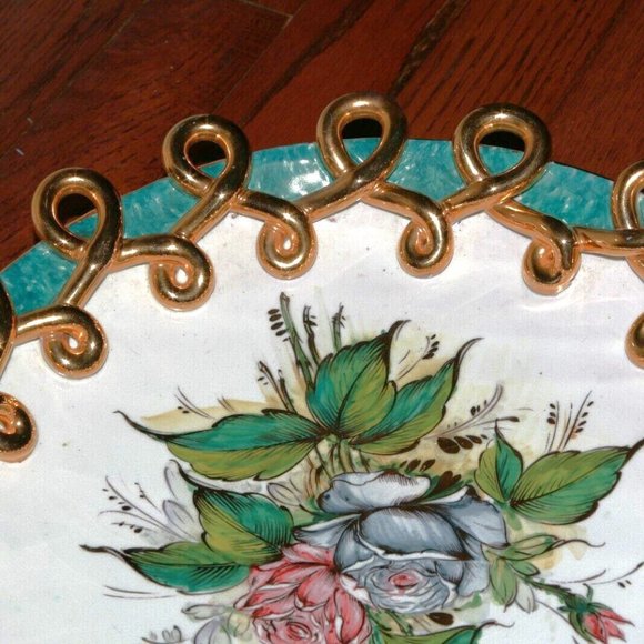 Vintage estate platter bowl majolica MICA ITALY gold loop trim floral design - Picture 4 of 7